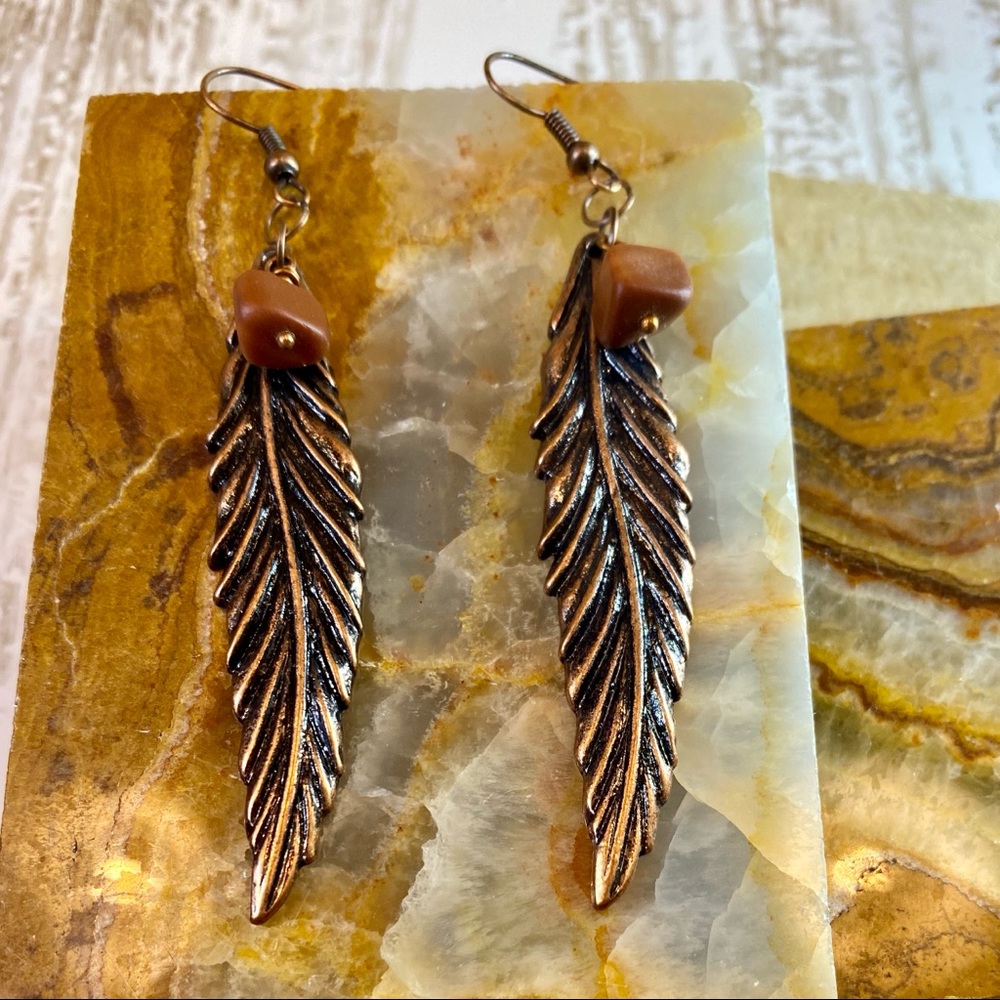 Copper Feathers & Red Jasper Earrings
